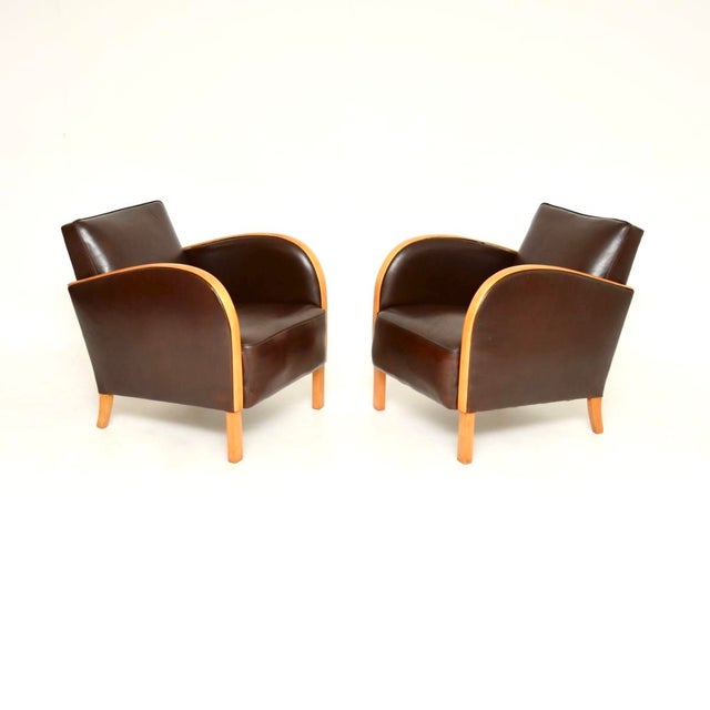 Mid-Century Modern Swedish Art Deco Armchairs in Satin Birch and Leather, 1930s, Set of 2 For Sale - Image 3 of 11