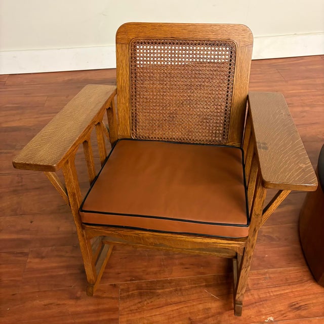 Vintage Oak & Cane Mission Style Rocking Chair With New Leather Cushions For Sale - Image 14 of 18