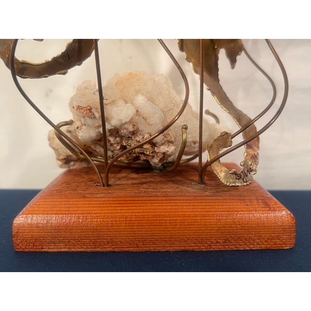 Vintage Brass Seahorse Sculpture on Quartz & Teak Base For Sale - Image 9 of 10