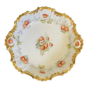 Antique Coiffe Et Cie Limoges Hand Painted Strawberry Serving Bowl With Heavy Gold