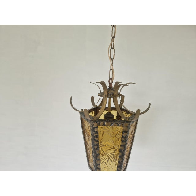 Brutalist Hammered Metal Hall Lantern with Geometrical Patterned Glass For Sale - Image 12 of 13