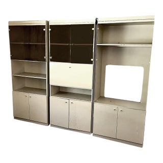 Mid-Century Modern Cream Laminate and Smoked Glass Three-Section Freestanding Wall Unit - 3 Piece Set For Sale