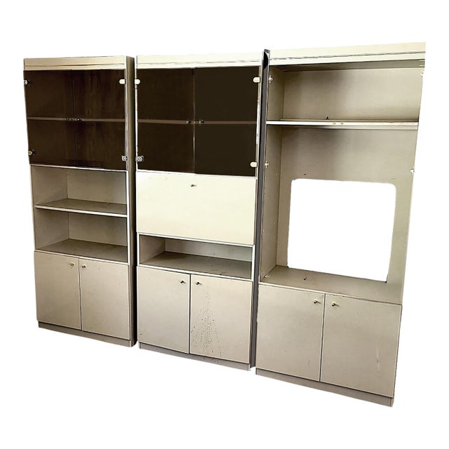 Mid-Century Modern Cream Laminate and Smoked Glass Three-Section Freestanding Wall Unit - 3 Piece Set For Sale
