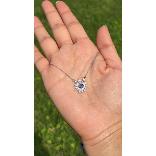 Sacred Heart Blue Sapphire & Diamond Sunburst Pendant Necklace in 14k White Gold For Sale - Image 10 of 17