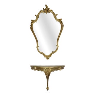 Gilt Rococo-Style Mirror with Console, France, 1950s, Set of 2 For Sale