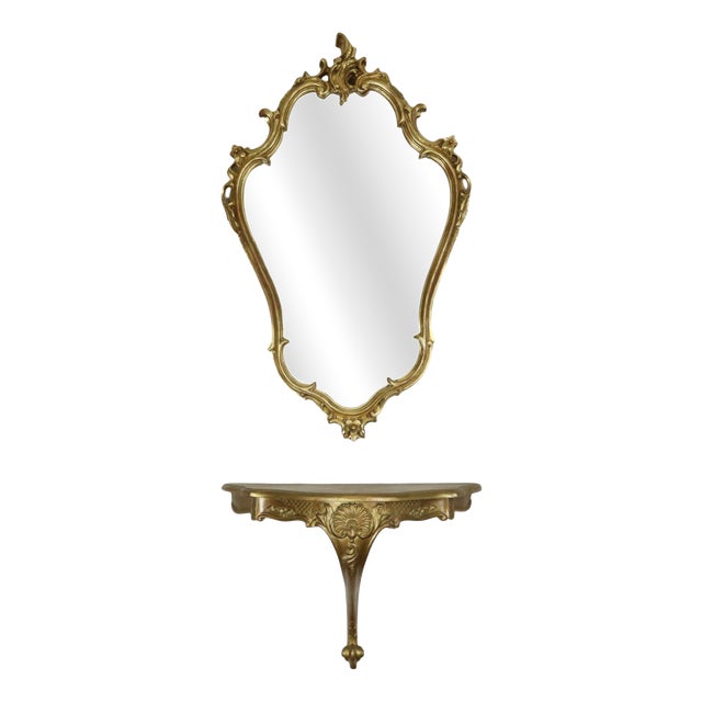 Gilt Rococo-Style Mirror with Console, France, 1950s, Set of 2 For Sale