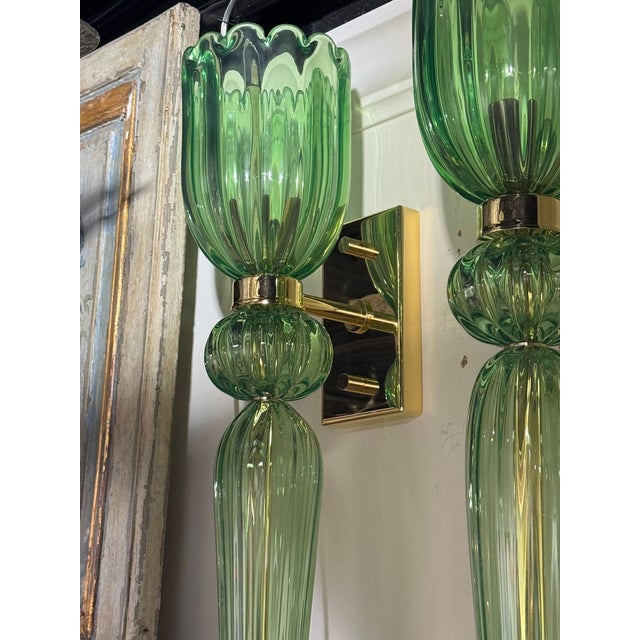 Modern Pair of Murano Apple Green Torch Sconces For Sale - Image 3 of 6