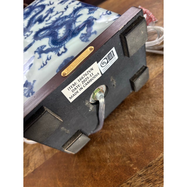 Contemporary Ralph Lauren Blue and White Petite Square Lamps With Dragon Design and Square Fabric Shades, a Pair For Sale - Image 6 of 8