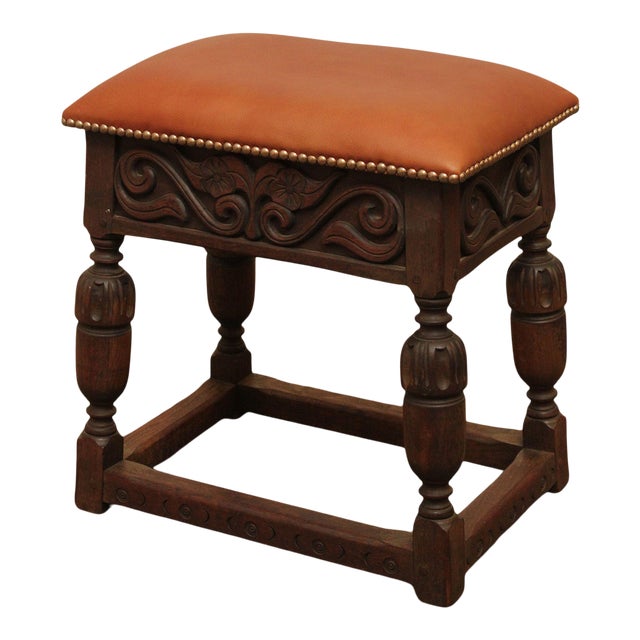 Kittinger 1920's Jacobean Style Carved Walnut Leather Seat Stool Chairish