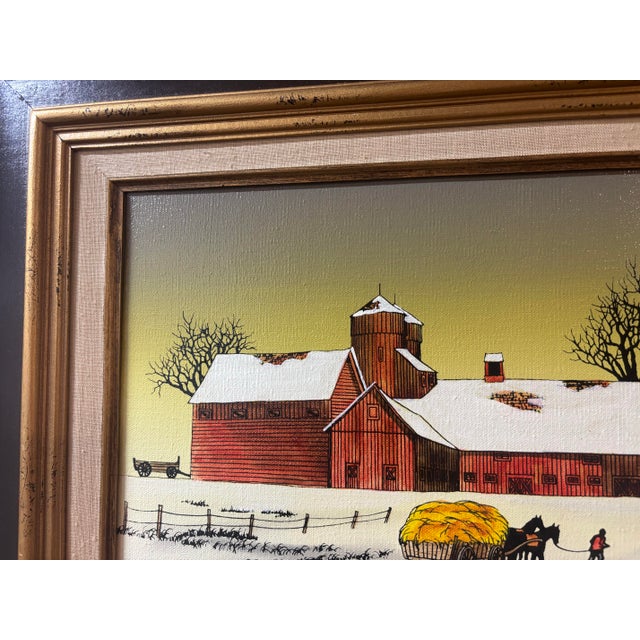 Cinnamon Signed H. Hargrove Winter Farm Landscape Oil Painting With Attached Gallery Light For Sale - Image 8 of 9