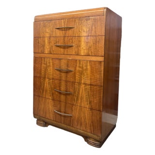 Art Deco Waterfall Tallboy Dresser in Bookmatched Walnut Veneer, Possibly 1930s For Sale