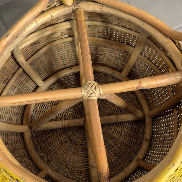 20th Century Modernist Round Wicker Rattan Pouf in Yellow For Sale - Image 6 of 9