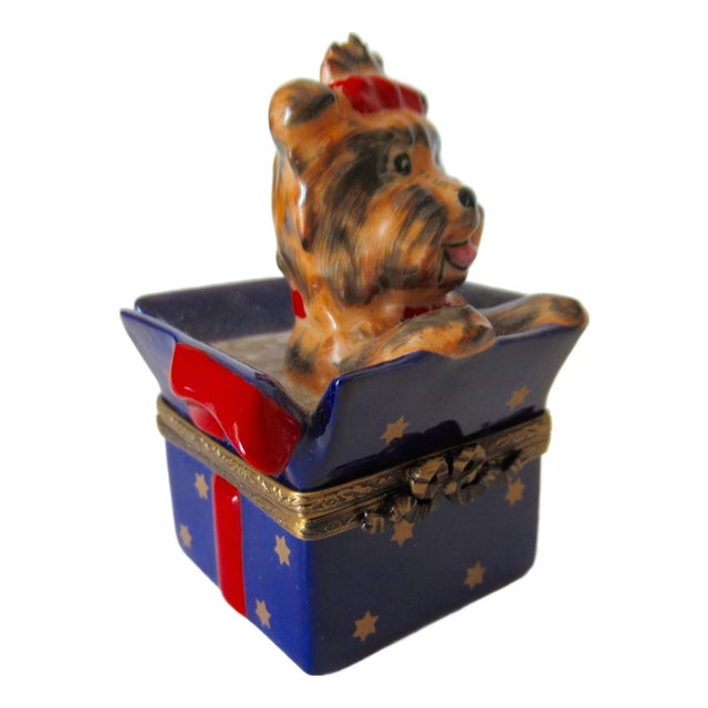 Limoges, France Hand-Painted Lidded Trinket Box of a Scottie Dog Inside a Chrstmas Box For Sale