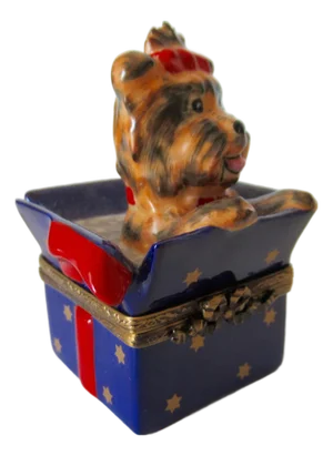 Limoges, France Hand-Painted Lidded Trinket Box of a Scottie Dog Inside a Chrstmas Box
