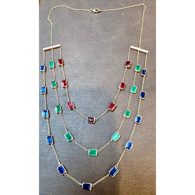 Three Layer Necklace With Emerald , Ruby & Kyanite with Diamond Bar, 14 KYG 15Gm For Sale - Image 4 of 18