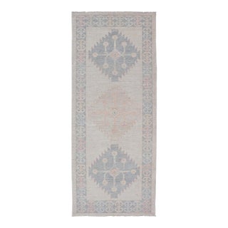Modern Oushak Runner by Keivan Woven Arts in Soft Blue and Pale Peach 3'1 X 7'1 For Sale
