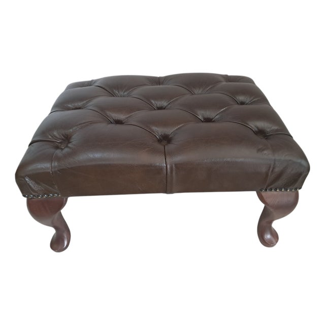 Vintage Brown Buttoned Leather Chesterfield Ottoman, 1980s For Sale
