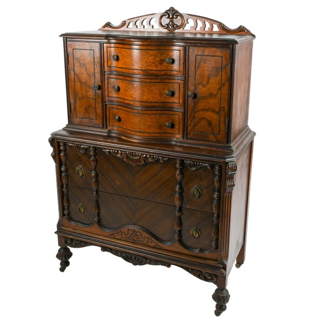 Art Deco American Art Deco Burl Walnut Highboy Dresser With Vanity Cabinet For Sale - Image 3 of 7