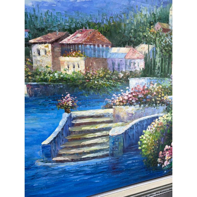 1970s Large Mid-Century Style Mediterranean Coastal Village Framed Oil Painting - Signed "Linda" For Sale - Image 5 of 9