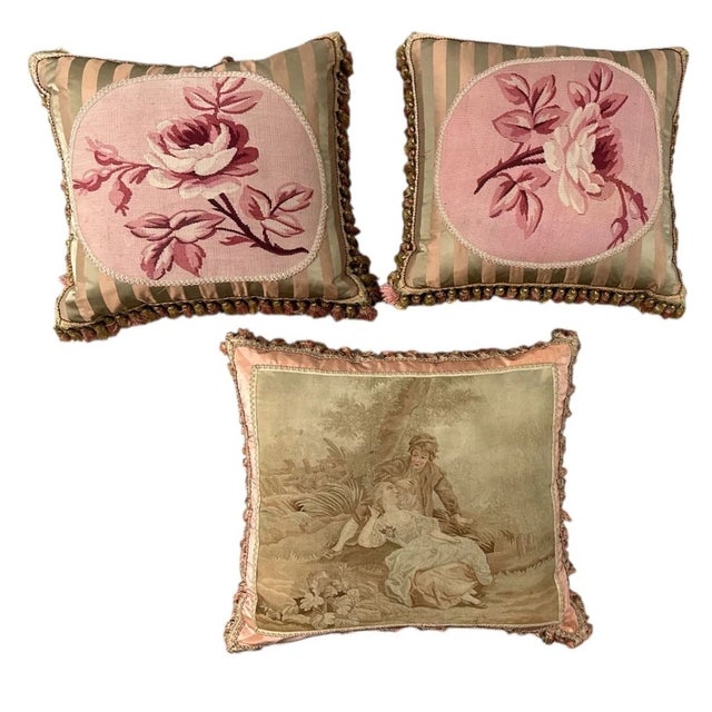 Set of 3 Vintage French 19th Century Abusson Tapestry Pillows w Trim & Tassels featuring flowers and an outdoor scene with...