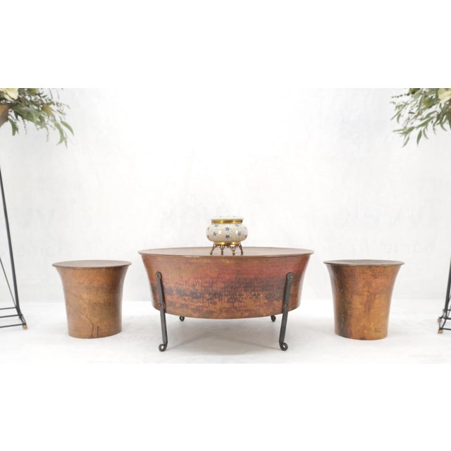 Brown Vintage Hummered Forged Copper & Iron Round Coffee Table & Pair of Stools Seats - Set of 3 For Sale - Image 8 of 12