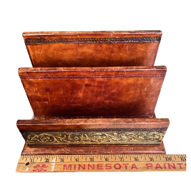 Brown Vintage Italian Wood Wrapped Leather Letter & Document Holder With Embossed Gold Detailing For Sale - Image 8 of 9