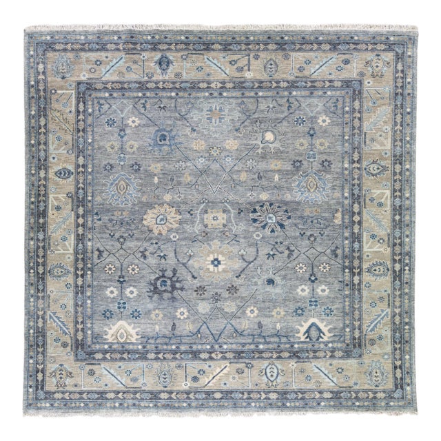 Modern Oushak Style Handmade Floral Motif Gray and Beige Square Wool Rug For Sale