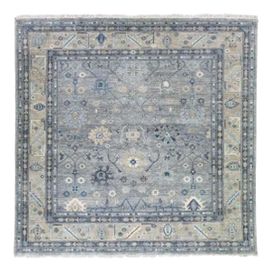 Modern Oushak Style Handmade Floral Motif Gray and Beige Square Wool Rug