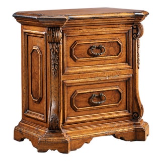 Italian Carved Walnut Burl Nightstand With Antique Brass Hardware For Sale