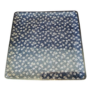 Mid 20th Century Vintage Japanese Sakura Blue and White Cherry Blossom Square Paper Mache Tray For Sale