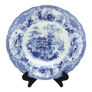 Vintage Sicilian Pattern Blue and White Transfer Soup Plate by Pountey and Co, the Bristol Pottery