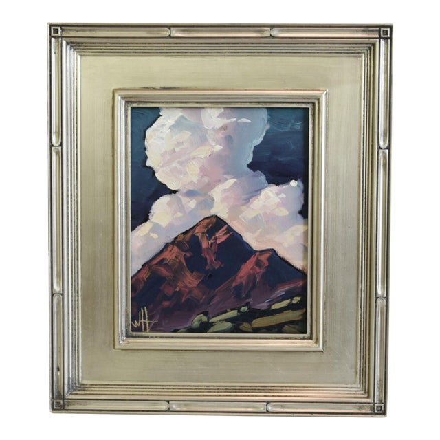 William Hawkins Dreamy Puffy White Clouds & Mountains Landscape Oil Painting Including the Antiqued Silver Wood Frame For Sale