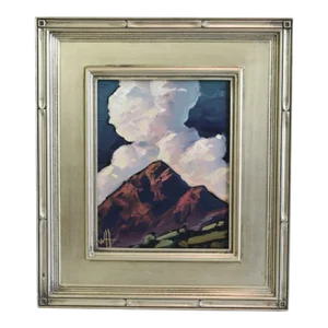 William Hawkins Dreamy Puffy White Clouds & Mountains Landscape Oil Painting Including the Antiqued Silver Wood Frame