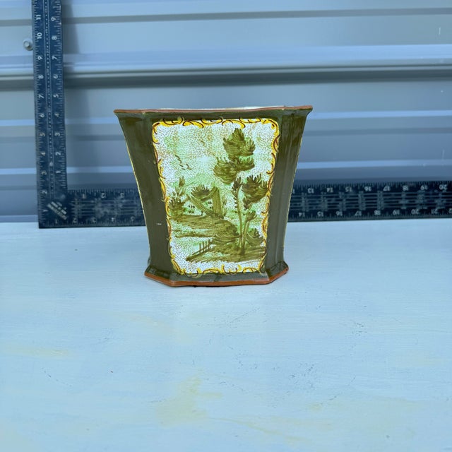Mid-Century Modern Mid-Century Modern Italian Hexagonal Ceramic Planter With Green and Yellow Floral Design For Sale - Image 3 of 6