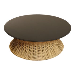 Vintage Wicker Rattan Round Smoked Glass Top Coffee Table For Sale