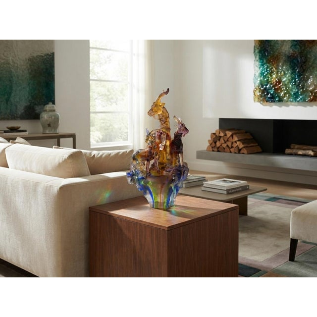 Asian Golden Orange 3 Rams Crystal Glass Fengshui Display Art Figure For Sale - Image 3 of 12