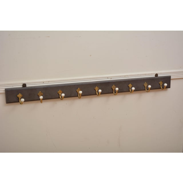 Antique Victorian Coat Rack with Cast Brass and Ceramic Hooks, 1880 For Sale - Image 6 of 16
