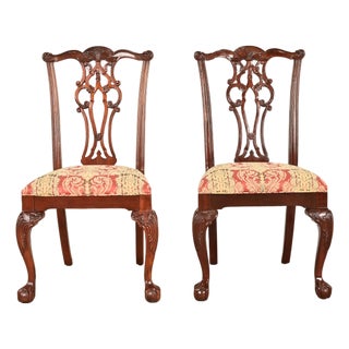 Ethan Allen Chippendale Carved Mahogany Side Chairs or Dining Chairs, Pair For Sale