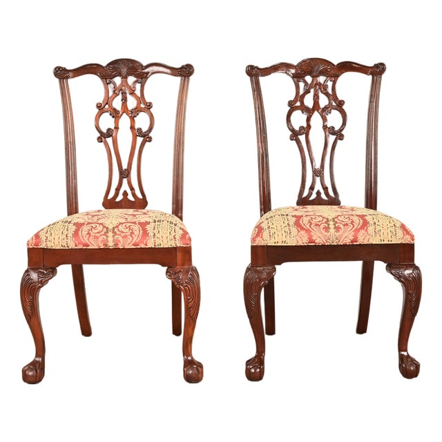 Ethan Allen Chippendale Carved Mahogany Side Chairs or Dining Chairs, Pair For Sale