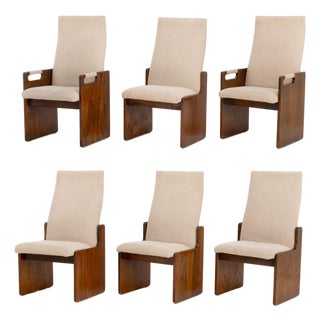 Lane "Pueblo" Grey Boucle Upholstered Walnut Dining Chairs, 6 For Sale