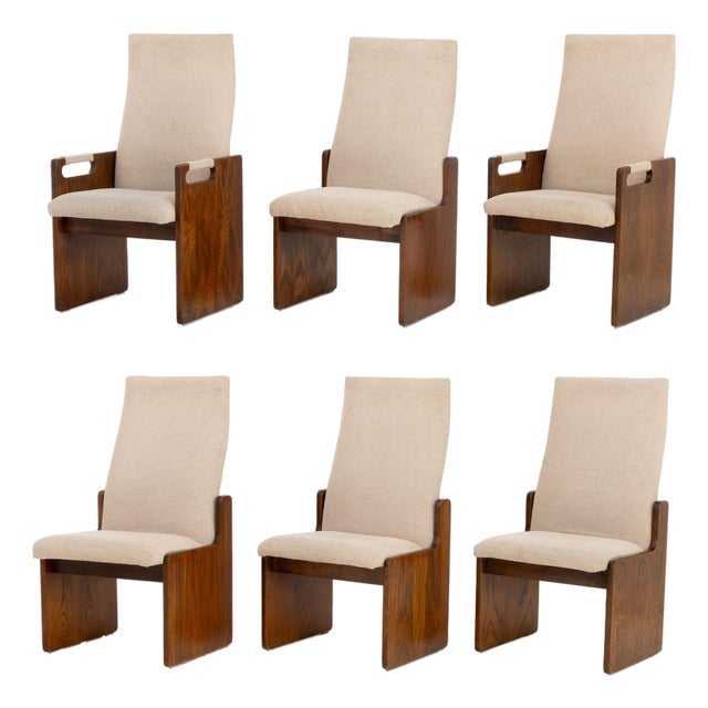 Lane "Pueblo" Grey Boucle Upholstered Walnut Dining Chairs, 6 For Sale
