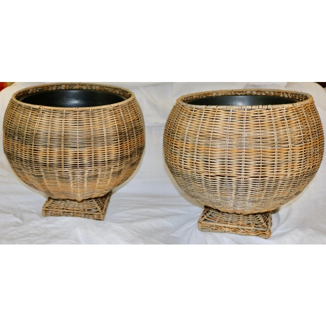 Mediterranean Wicker Resin Urn Planters Indoor or Outdoor - A Pair For Sale - Image 3 of 3
