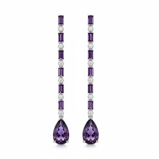 Amethyst and Colorless Topaz Long Drop Earrings studs. Art Deco Inspired Amethyst and Colorless Topaz Long Earrings....