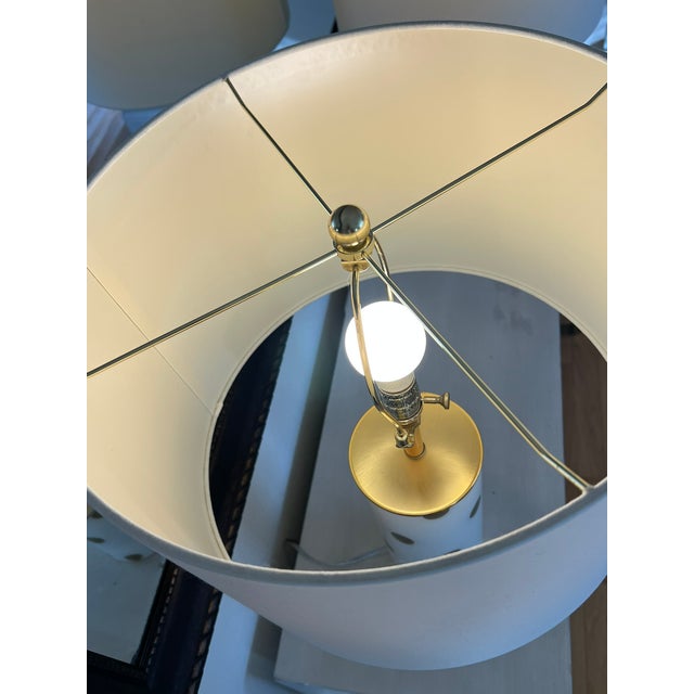 2010s Kate Spade Cream & Gold Pavilion Polka Dot Cylinder Table Lamp W/ Cream Linen Shade; Set of 2 For Sale - Image 5 of 17