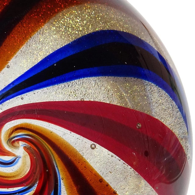 Mid-Century Modern Murano Barovier Toso Vintage Blue Orange Red a Canne Gold Flecks Italian Art Glass Paperweight For Sale - Image 3 of 5