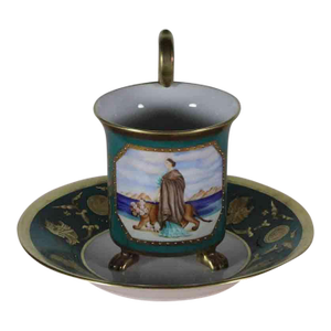 1990’s Vintage/New KPM Collectors Cup & Saucer With Painting and Graceful Rosace Handle