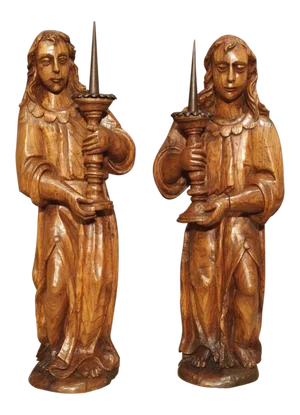 French 17th Century Angel Candle Holders in Carved Elmwood - a Pair