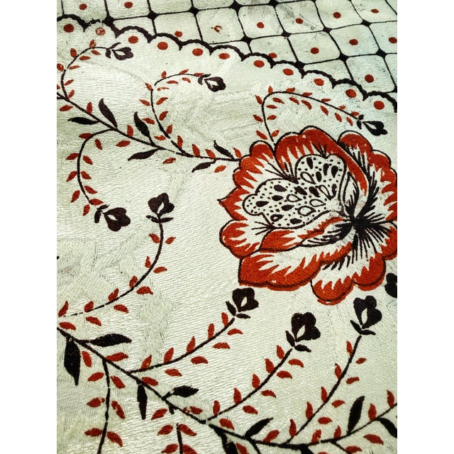 Vintage Hand Printed Indian Cotton Banquet Tablecloth With Jacquard Floral Damask & Fringe For Sale - Image 4 of 10