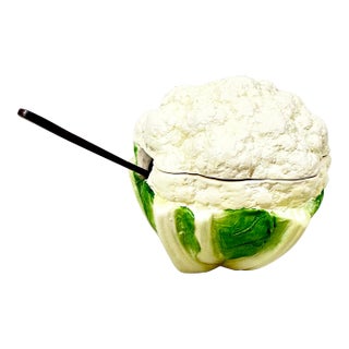 Vintage Majolica Style Cauliflower Condiment Jar With Spoon For Sale