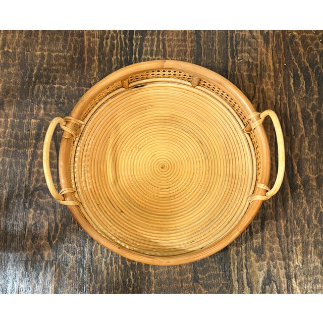 Late 20th Century Large Vintage Round Rattan & Cane Serving Tray With Handles For Sale - Image 5 of 8